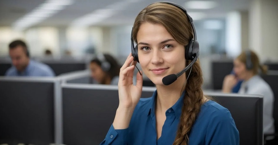Un'operatrice di customer care con le cuffie in ufficio