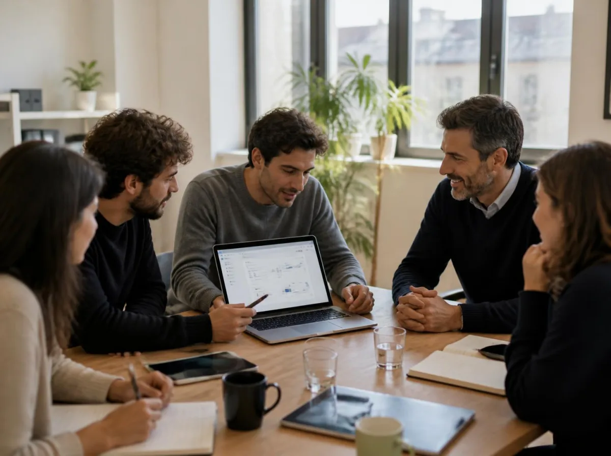 Il team DevInterface in riunione con un cliente attorno a un portatile