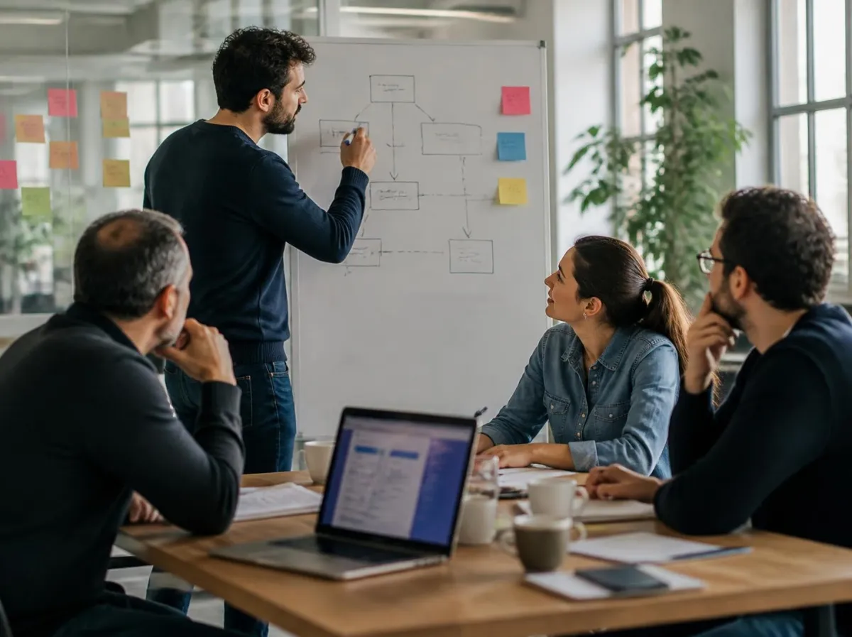 Il team alla lavagna durante un workshop di progettazione con il cliente